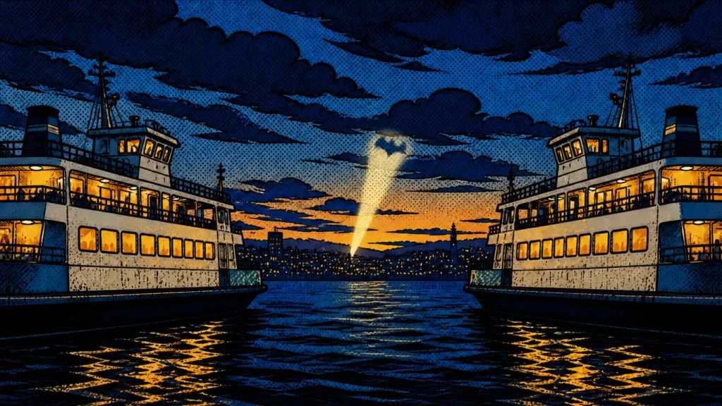 Two passenger ferries face each other across dark water while a bright bat-shaped signal rises from the city skyline.