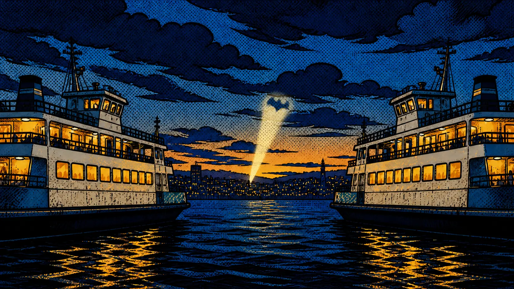 Two passenger ferries face each other across dark water while a bright bat-shaped signal rises from the city skyline.