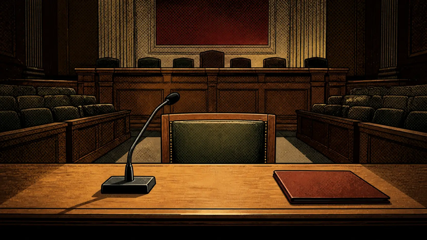 An empty witness microphone and chair waiting at a formal hearing table.