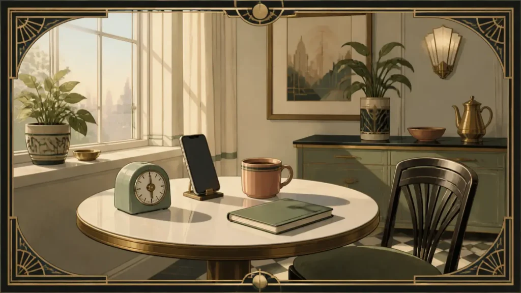 A small intentional news-check setup with a timer and a phone placed inside a clear morning boundary, kitchen timer running beside a single mug, phone propped upright for a brief check.