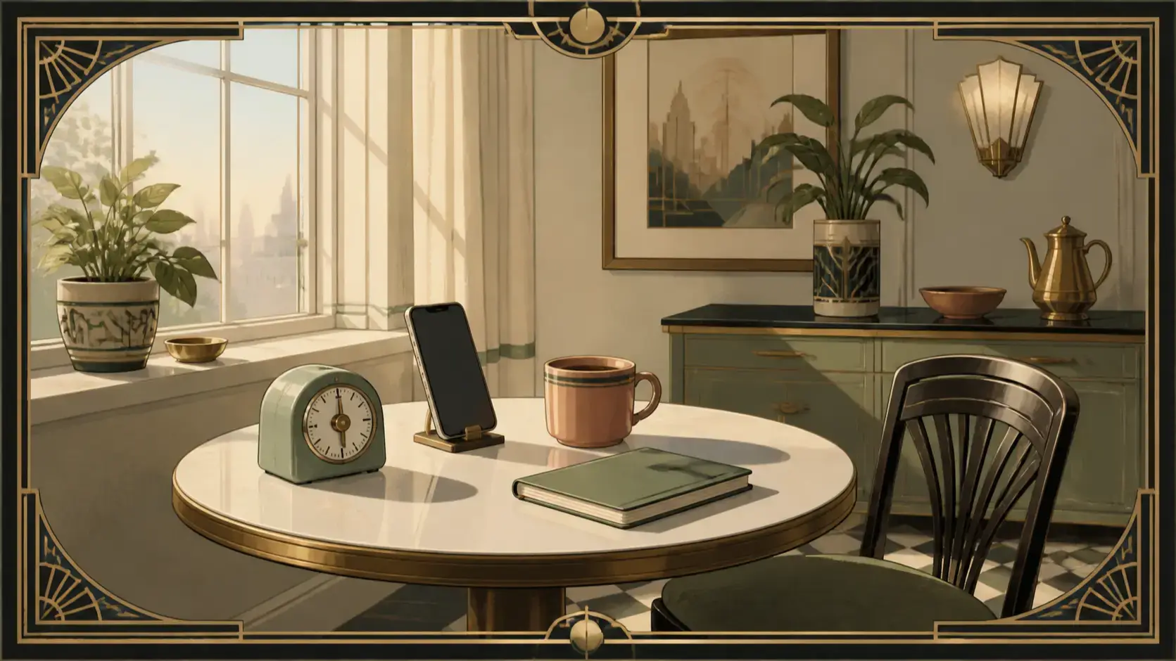A small intentional news-check setup with a timer and a phone placed inside a clear morning boundary, kitchen timer running beside a single mug, phone propped upright for a brief check.