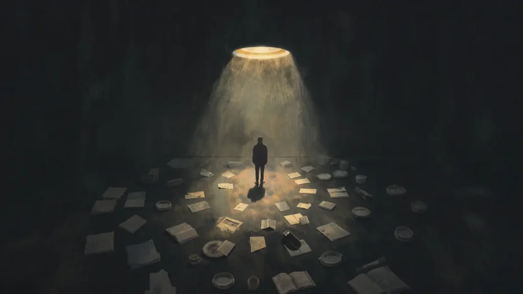 A lone person stands beneath a circular spotlight in a dark room, surrounded by scattered papers, notebooks, dishes, and cups.