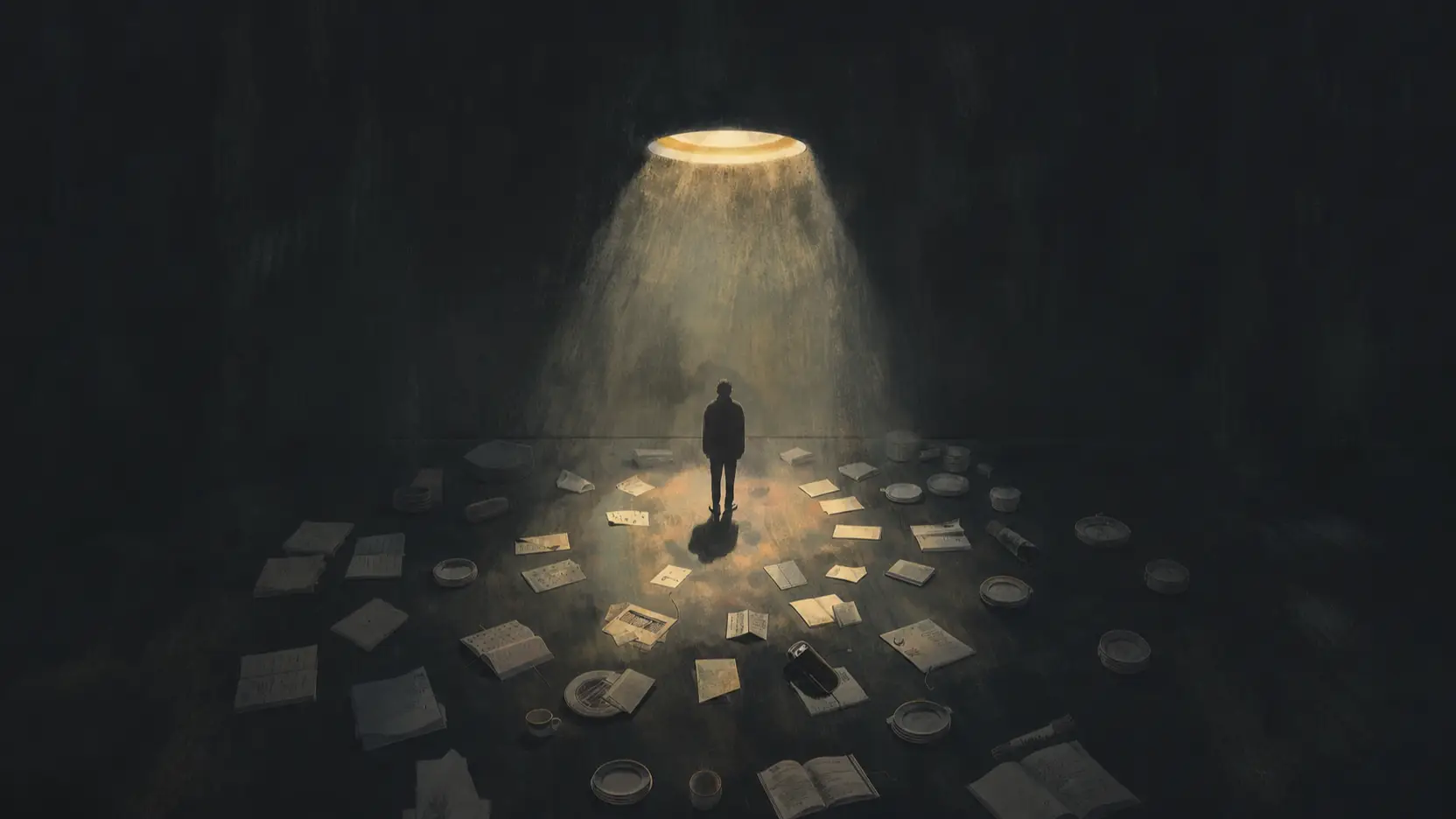 A lone person stands beneath a circular spotlight in a dark room, surrounded by scattered papers, notebooks, dishes, and cups.